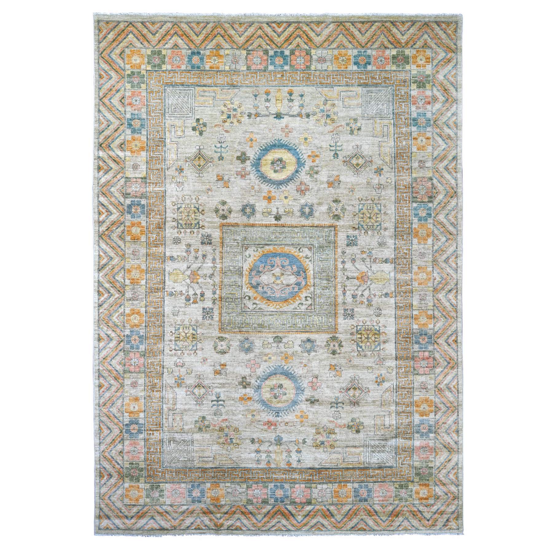 9'7"x13'4" Bone White, Peshawar with Khotan Design, Natural Dyes, Hand Knotted, Pure Wool, Oriental Rug 